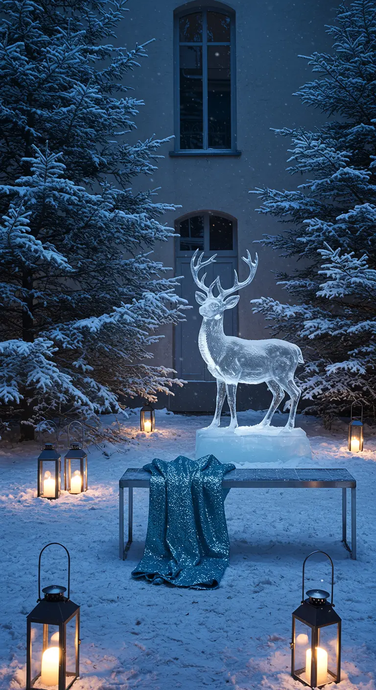 Sculpture de glace en forme de cerf dans un jardin enneigé, avec des lanternes.