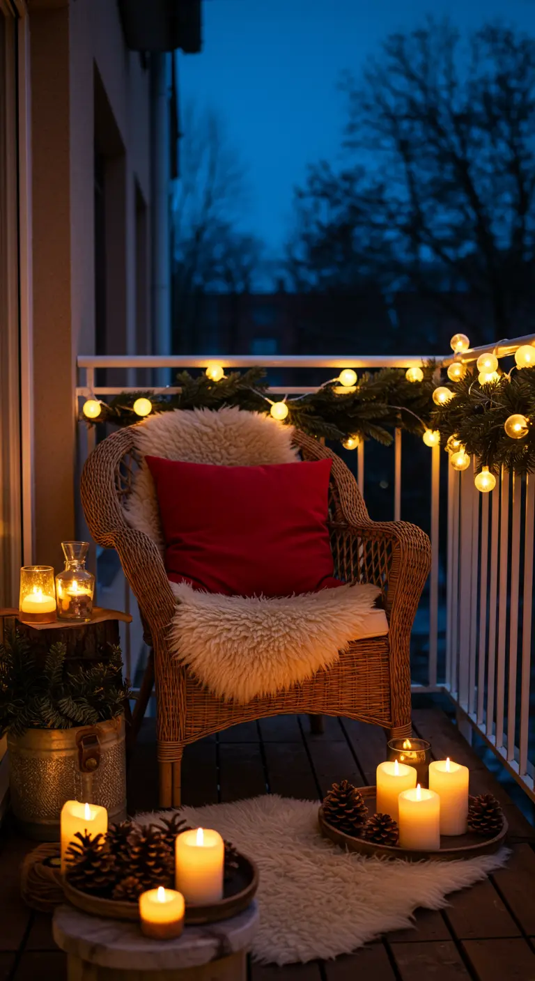Fauteuil en rotin avec peau de mouton et coussin rouge, entouré de décorations de Noël.