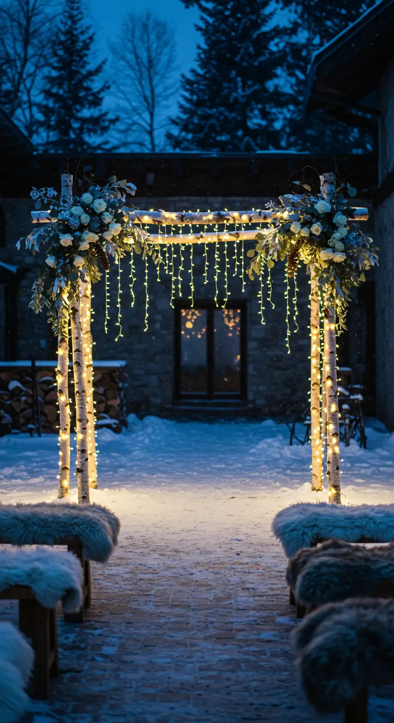 Arche de mariage en troncs de bouleau avec des fleurs blanches et des lumières d'hiver.