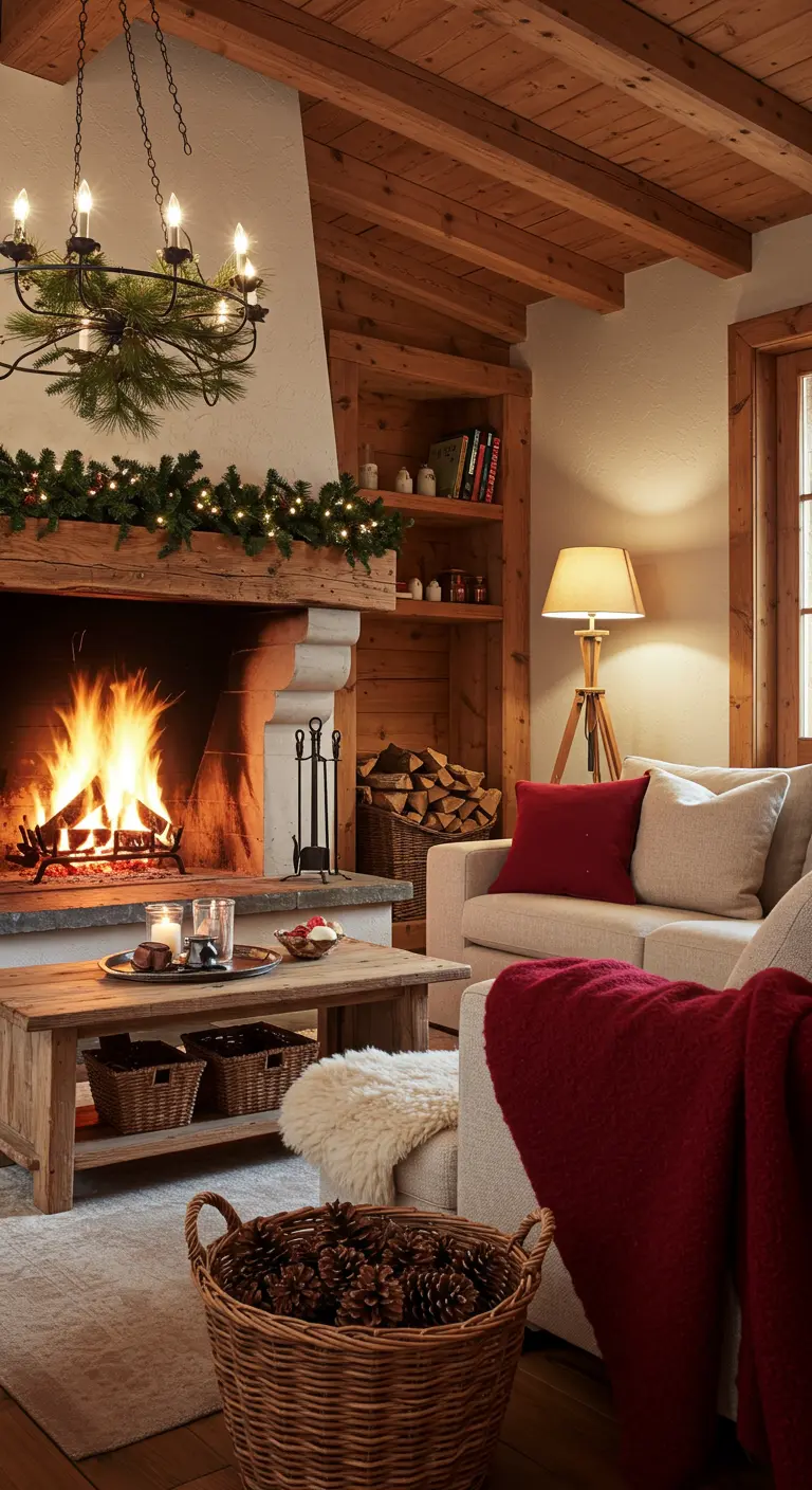 Salon de chalet décoré pour Noël avec un grand feu de cheminée et des guirlandes.