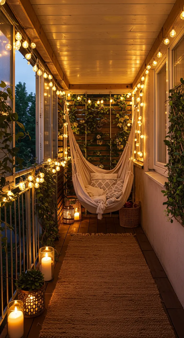 Balcon féerique avec hamac en macramé, treillis végétal et guirlandes lumineuses chaleureuses.