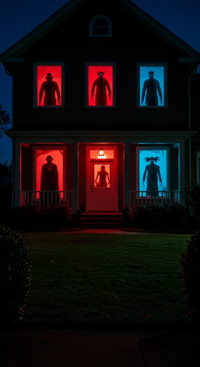 Maison avec des silhouettes de monstres aux fenêtres éclairées en rouge et bleu.