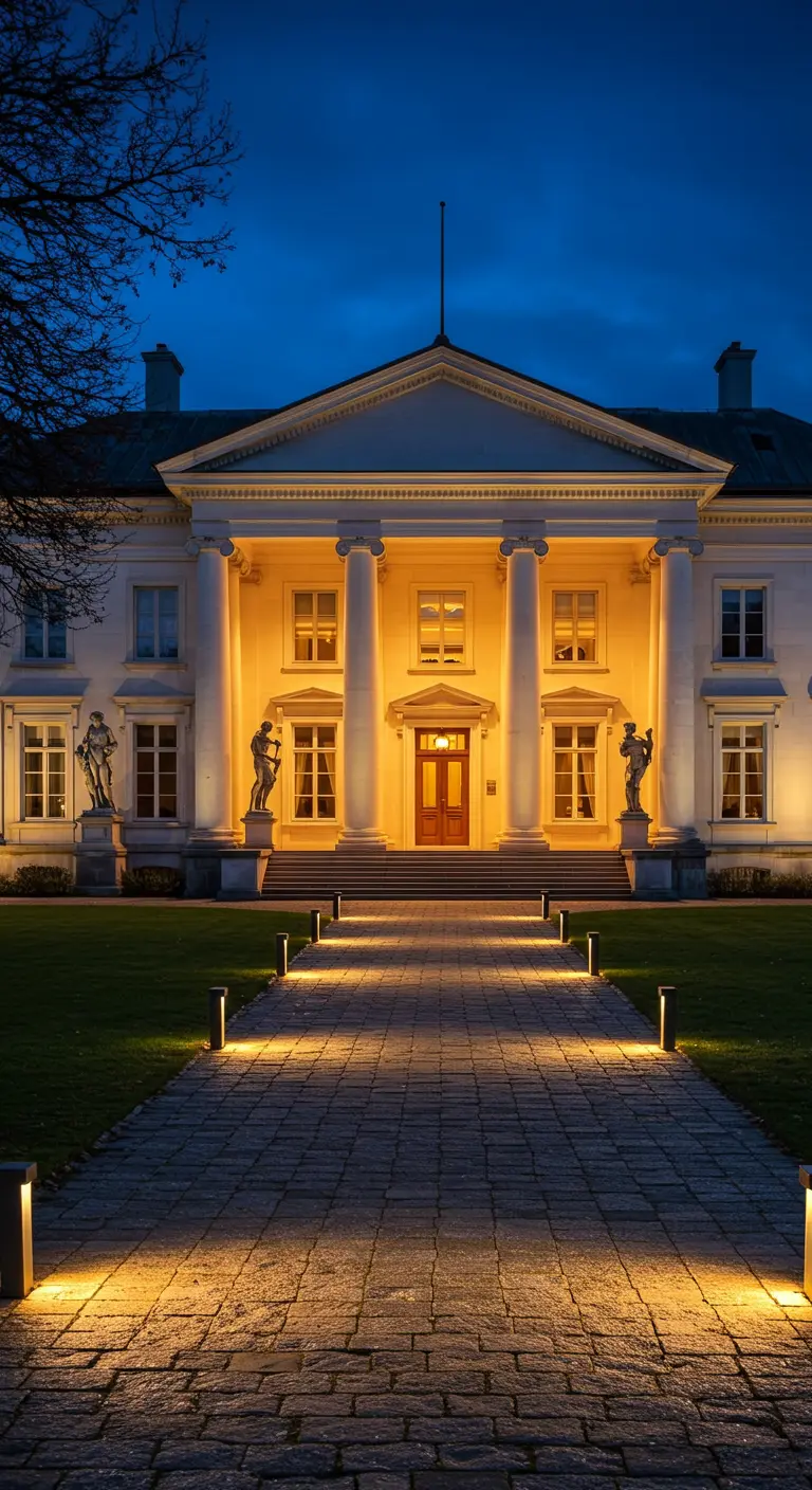 Grande demeure classique avec colonnes, éclairée en façade et sur le chemin pavé.