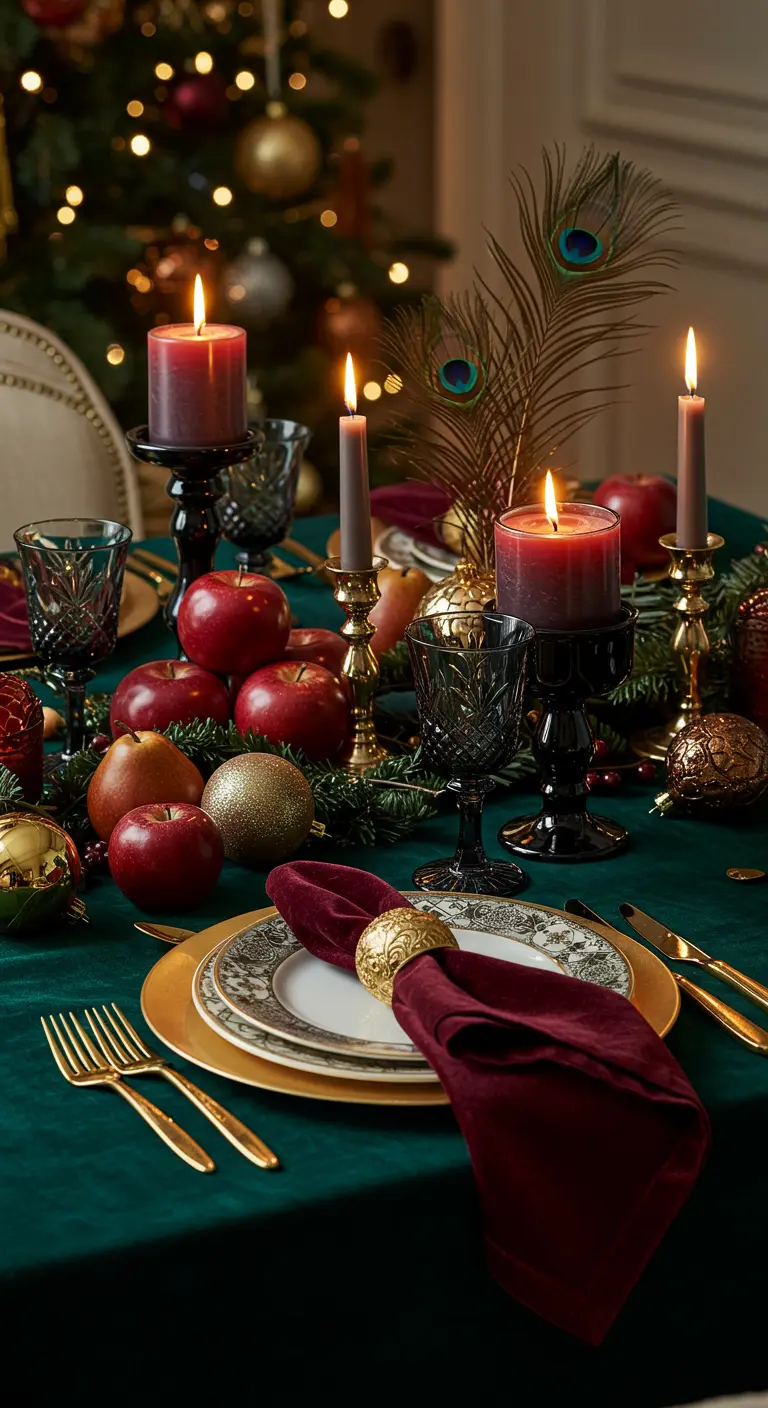 Table émeraude avec bougies bordeaux, pommes rouges, boules dorées et plumes de paon.
