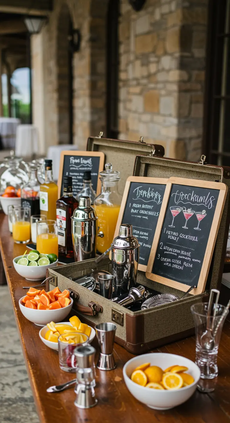 Bar à cocktails en plein air avec les ustensiles présentés dans une valise ouverte.