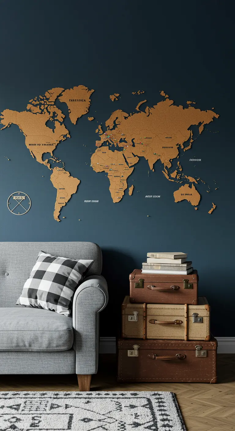 Carte du monde en liège découpé collée sur un mur bleu marine, à côté d'un canapé gris.