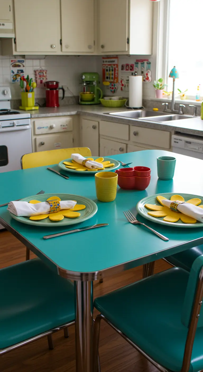 Table de cuisine rétro avec des assiettes décorées pour ressembler à des marguerites.