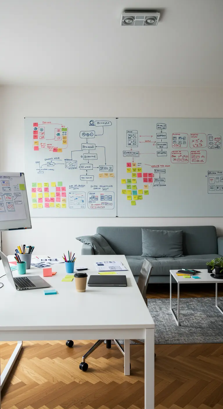 Espace de travail collaboratif avec un immense mur tableau blanc pour le brainstorming.