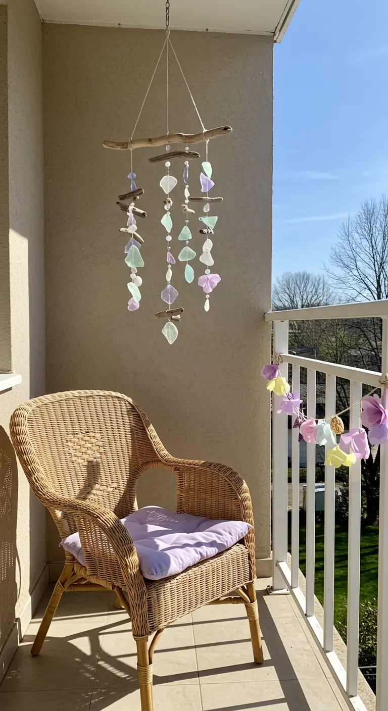 Carillon à vent DIY fait de bois flotté et de morceaux de verre de mer colorés.