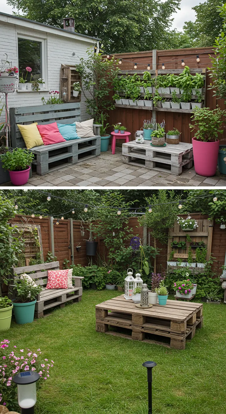 Comparaison avant/après d'un petit jardin transformé avec mobilier en palettes, jardin vertical et lumières.