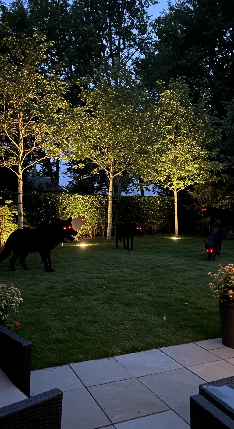 Silhouettes de loups noirs avec des yeux rouges lumineux dans un jardin la nuit.