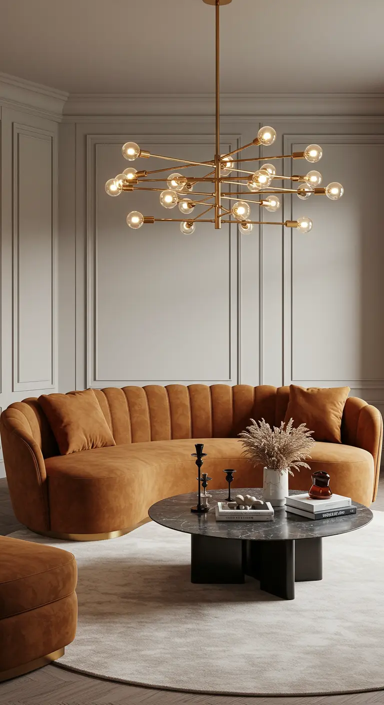 Salon moderne avec un canapé incurvé en velours terracotta et une table basse en marbre.