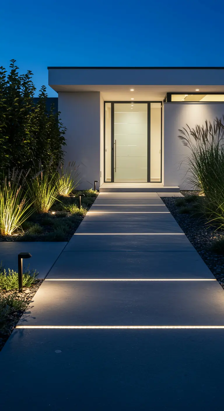 Allée moderne en béton avec bandes LED lumineuses intégrées et éclairage paysager.