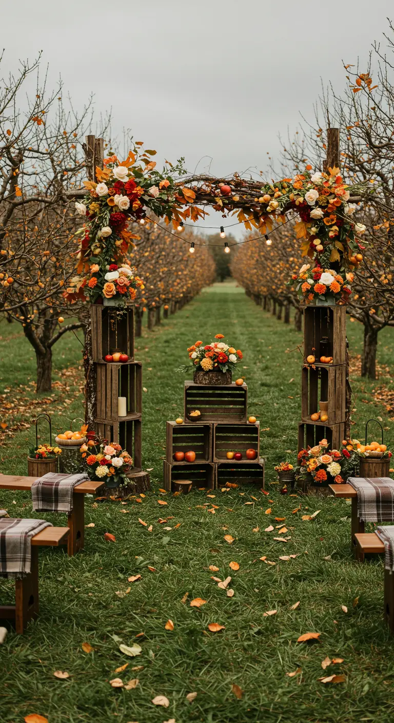 Arche de mariage rustique dans un verger, décorée de fleurs et fruits d'automne.