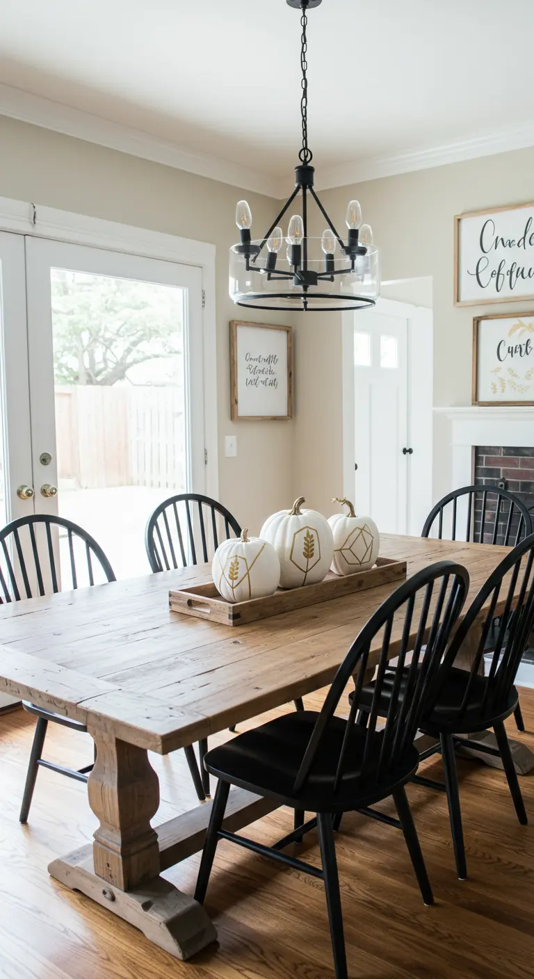 Centre de table sur une table en bois avec trois citrouilles blanches peintes de motifs de blé dorés.