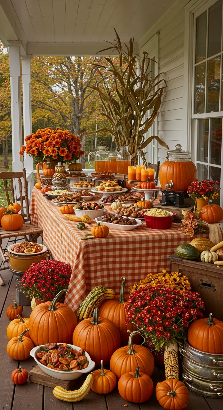 Buffet d'Halloween automnal sur une terrasse, citrouilles, maïs séché et nappe vichy.