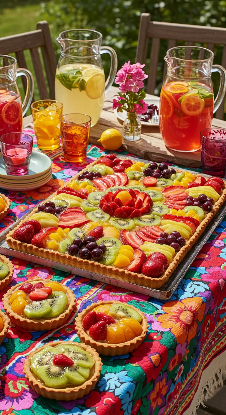 Grande tarte aux fruits rectangulaire sur une nappe colorée.