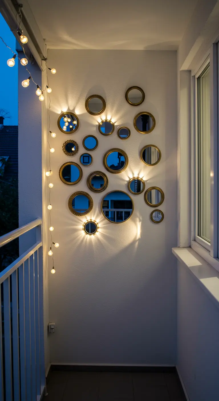 Mur de balcon décoré de multiples petits miroirs ronds reflétant la lumière.