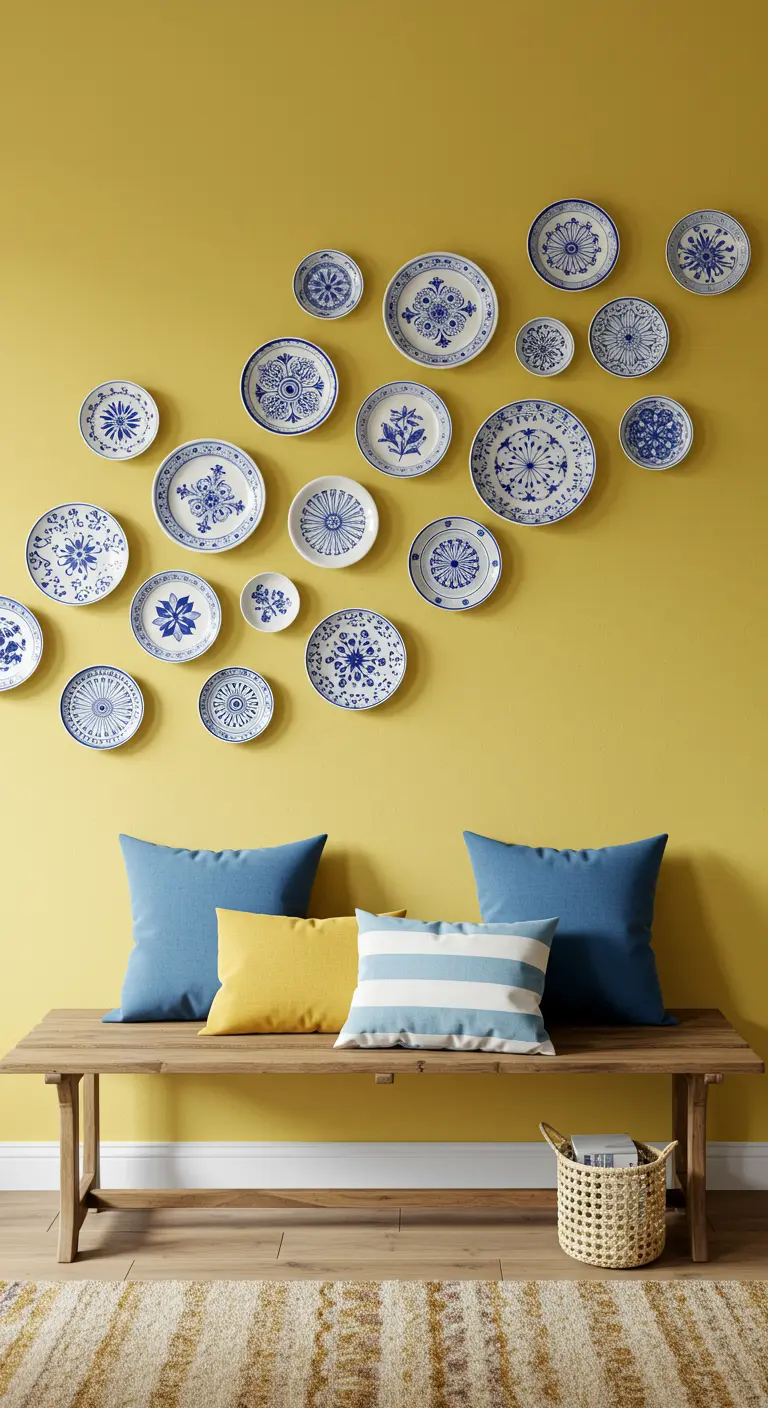 Collection d'assiettes en porcelaine bleue et blanche accrochée sur un mur jaune vif.