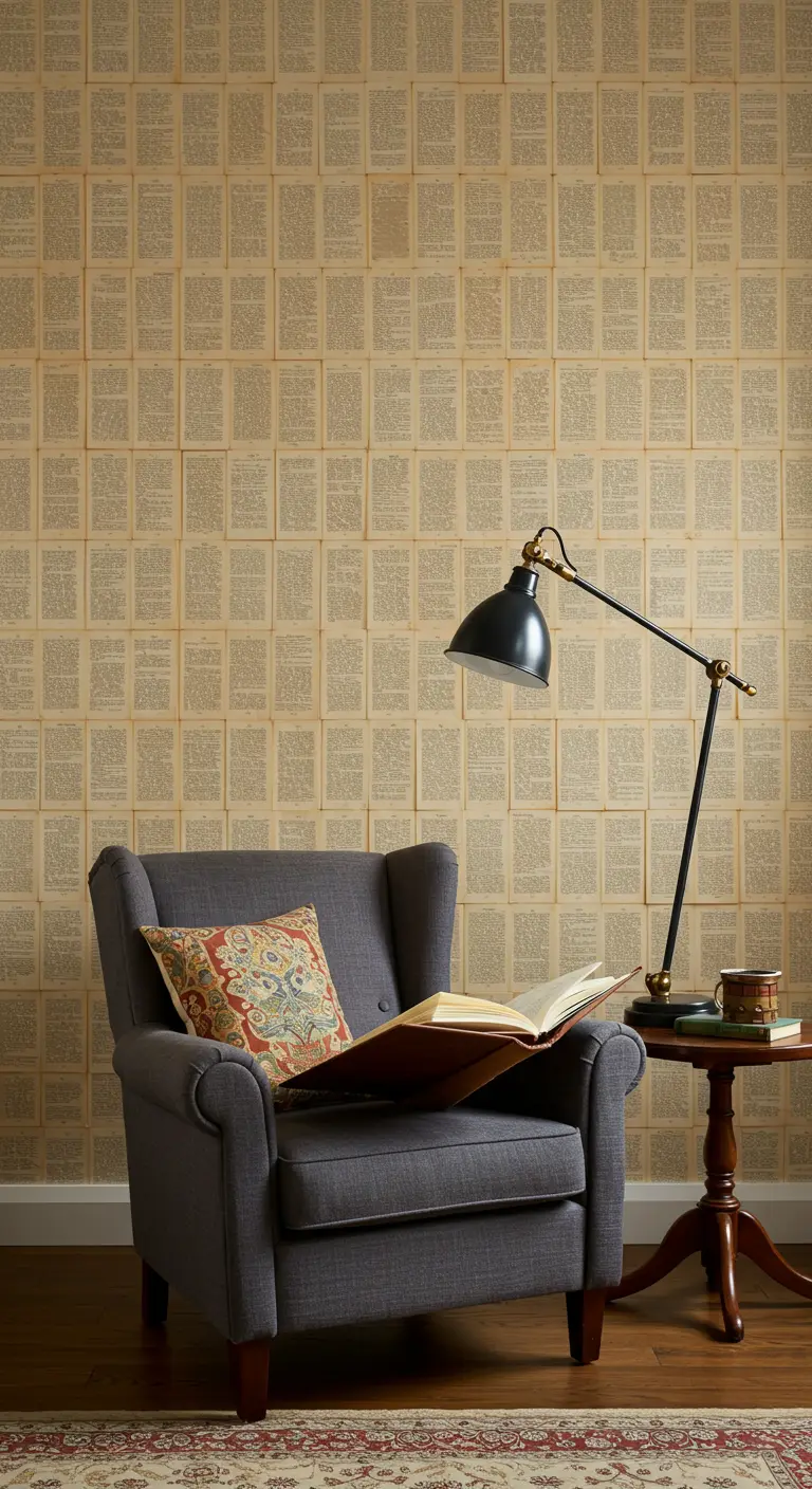 Mur entièrement recouvert de pages de livres jaunies, créant un effet de papier peint littéraire.