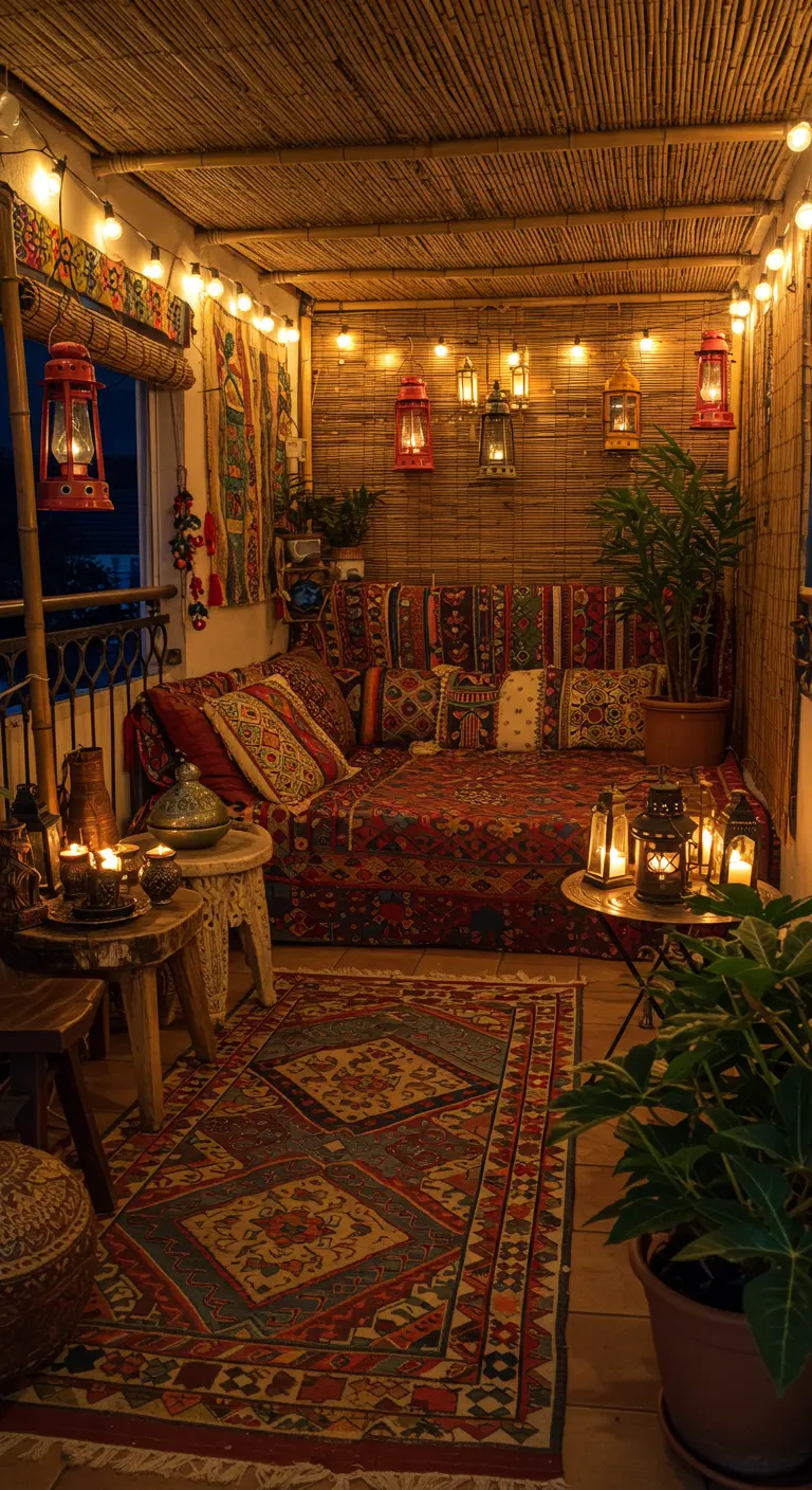 Balcon oriental avec tapis persans, banquette, lanternes marocaines et paravent en bambou.