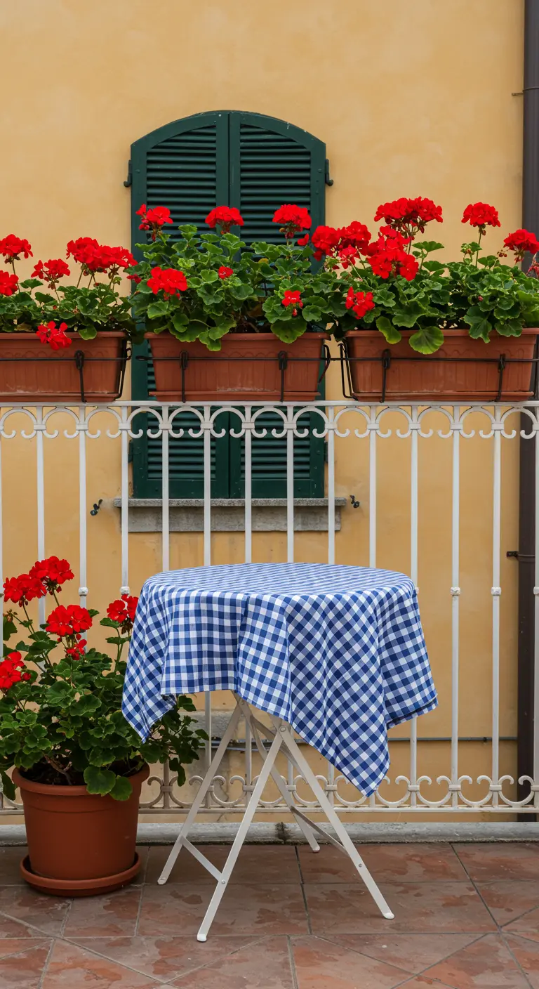 Table pliante recouverte d'une nappe à carreaux vichy bleu et blanc, sur un balcon fleuri.