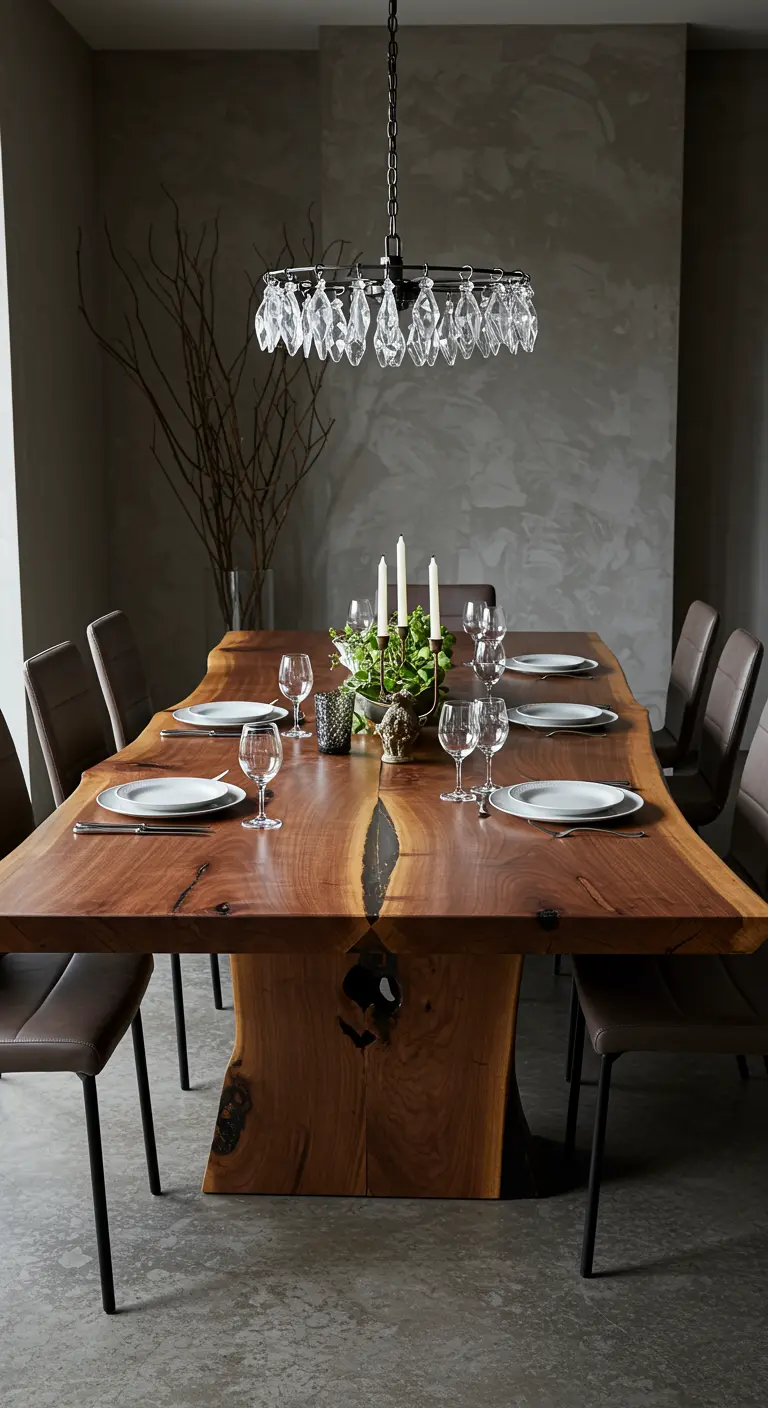 Grande table à manger en bois massif avec bords naturels, dressée de façon minimaliste.