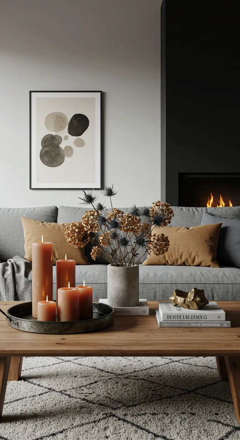 Table basse en bois avec un plateau de bougies et un vase de fleurs séchées.