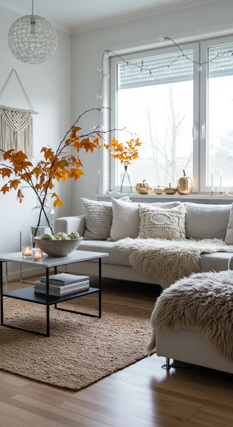 Salon lumineux avec un grand vase contenant des branches aux feuilles d'automne.