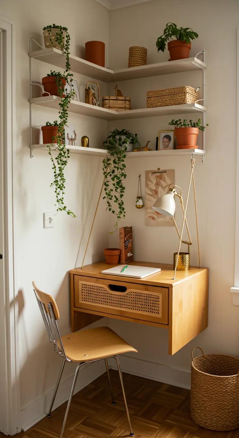 Bureau suspendu en bois clair avec tiroir en cannage et étagères d'angle blanches.