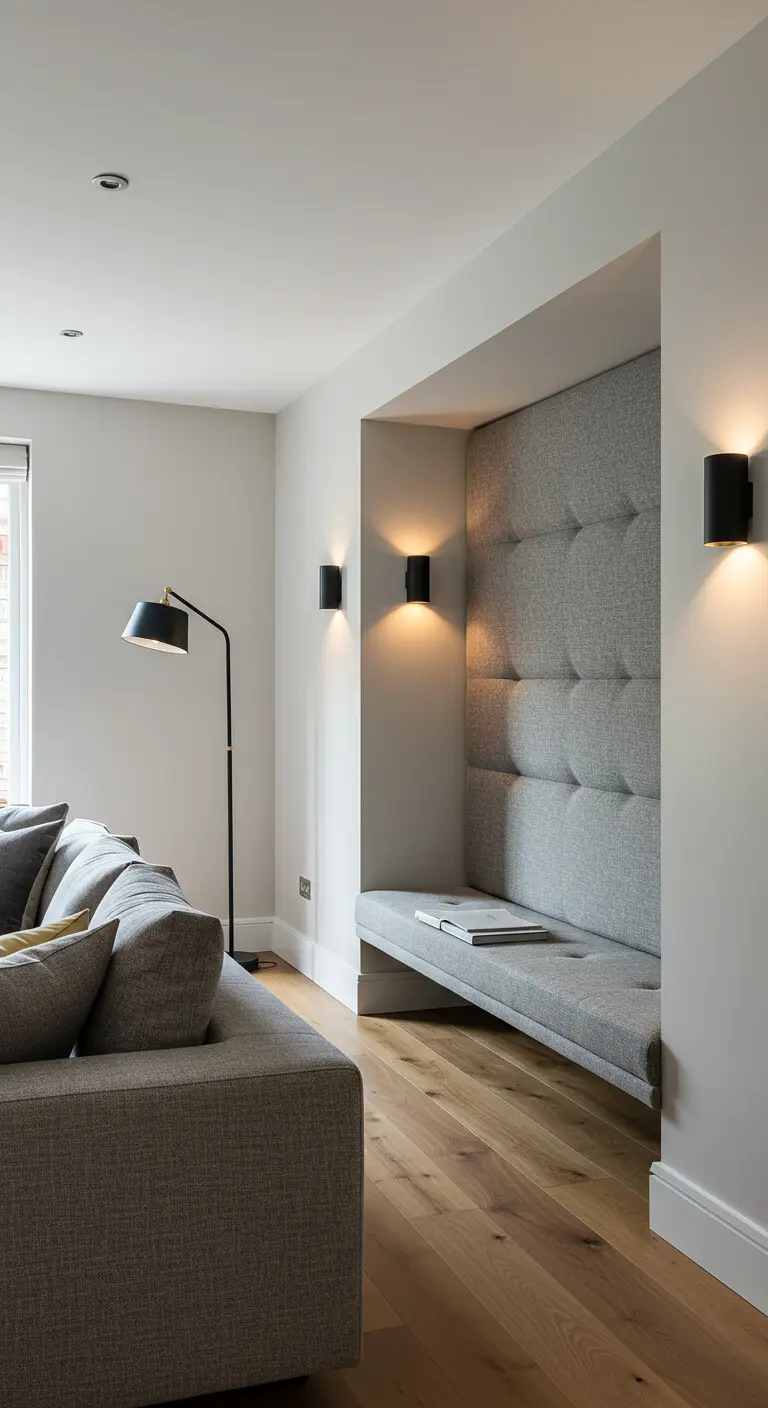 Niche de lecture moderne avec une banquette et un mur de fond capitonné en tissu gris.