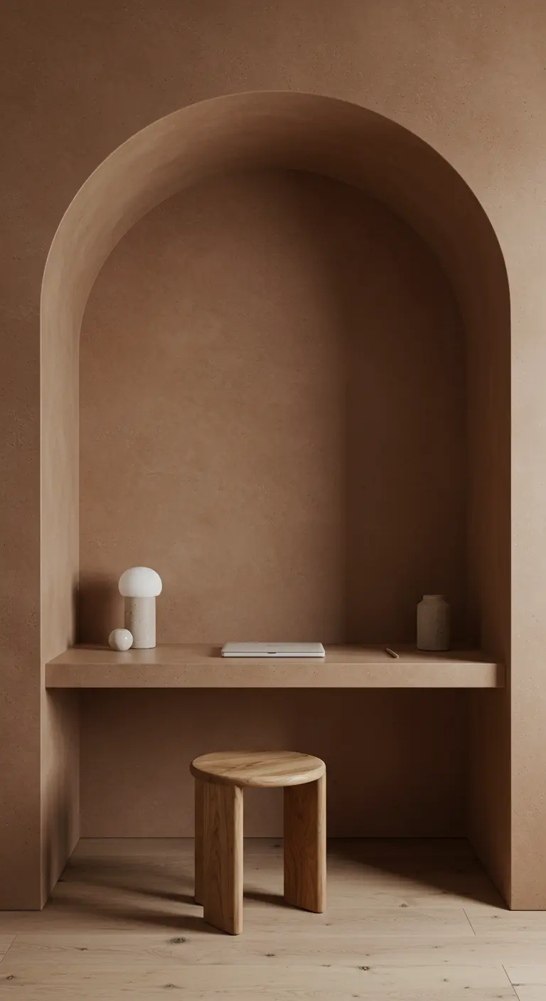 Bureau minimaliste installé dans une alcôve en forme d'arche couleur terre cuite.