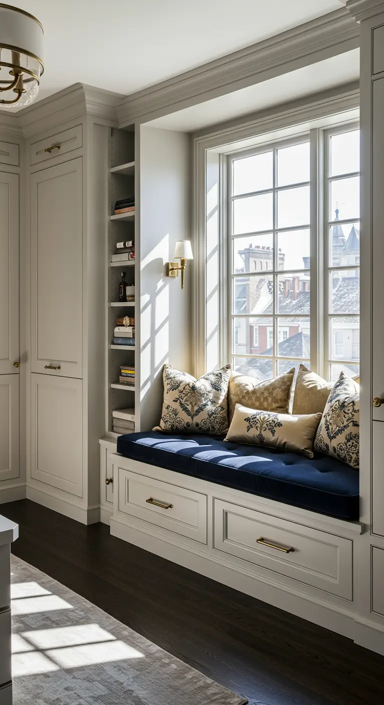 Banquette de fenêtre en velours bleu avec tiroirs dans un dressing classique.