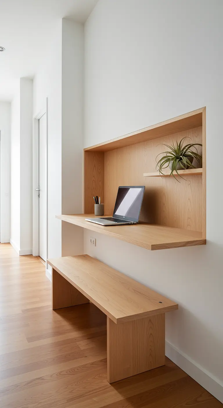 Bureau et banc en bois clair intégrés dans une niche murale blanche.