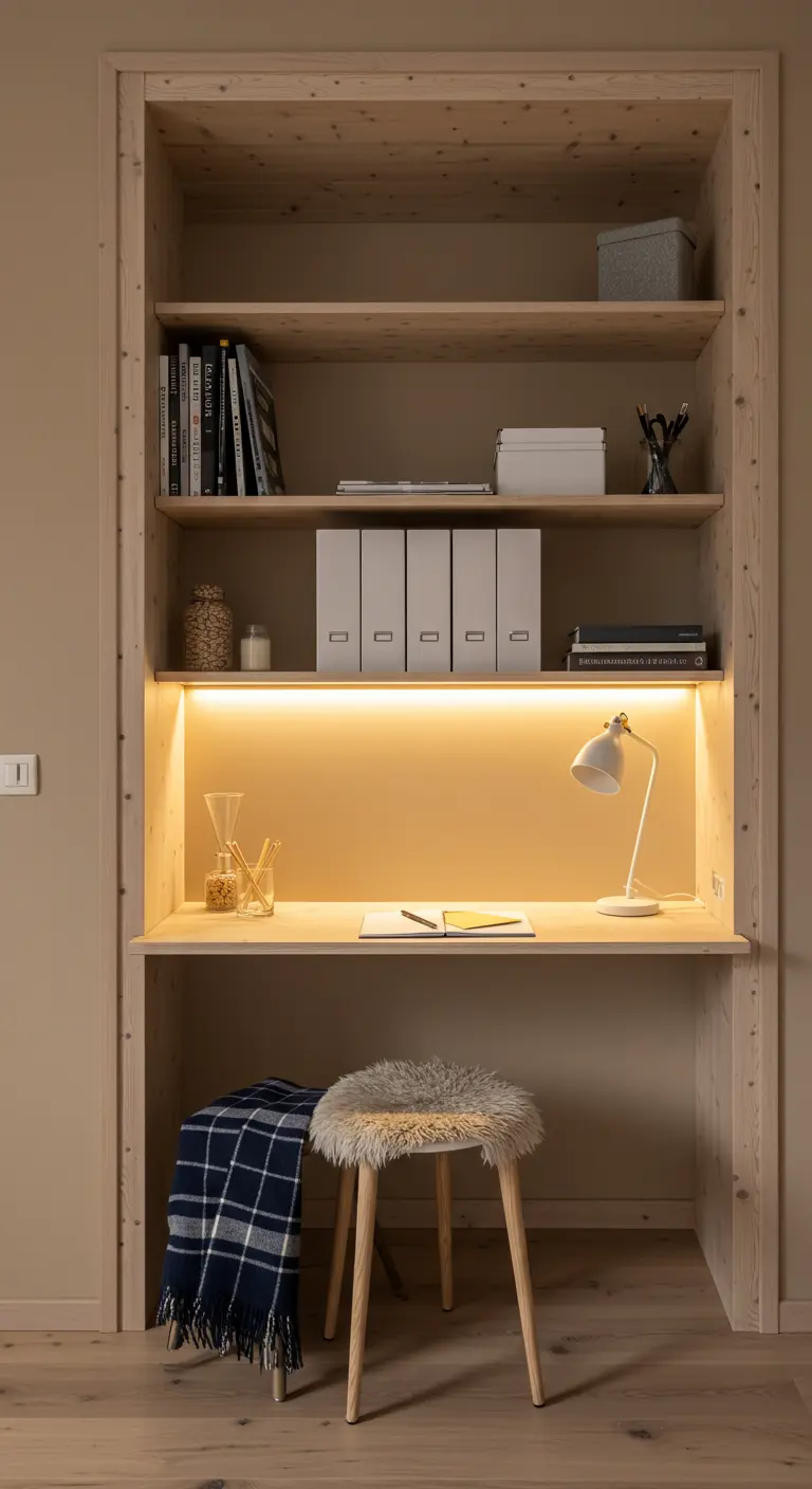 Bureau intégré dans une niche en bois clair avec éclairage LED et tabouret en fourrure.