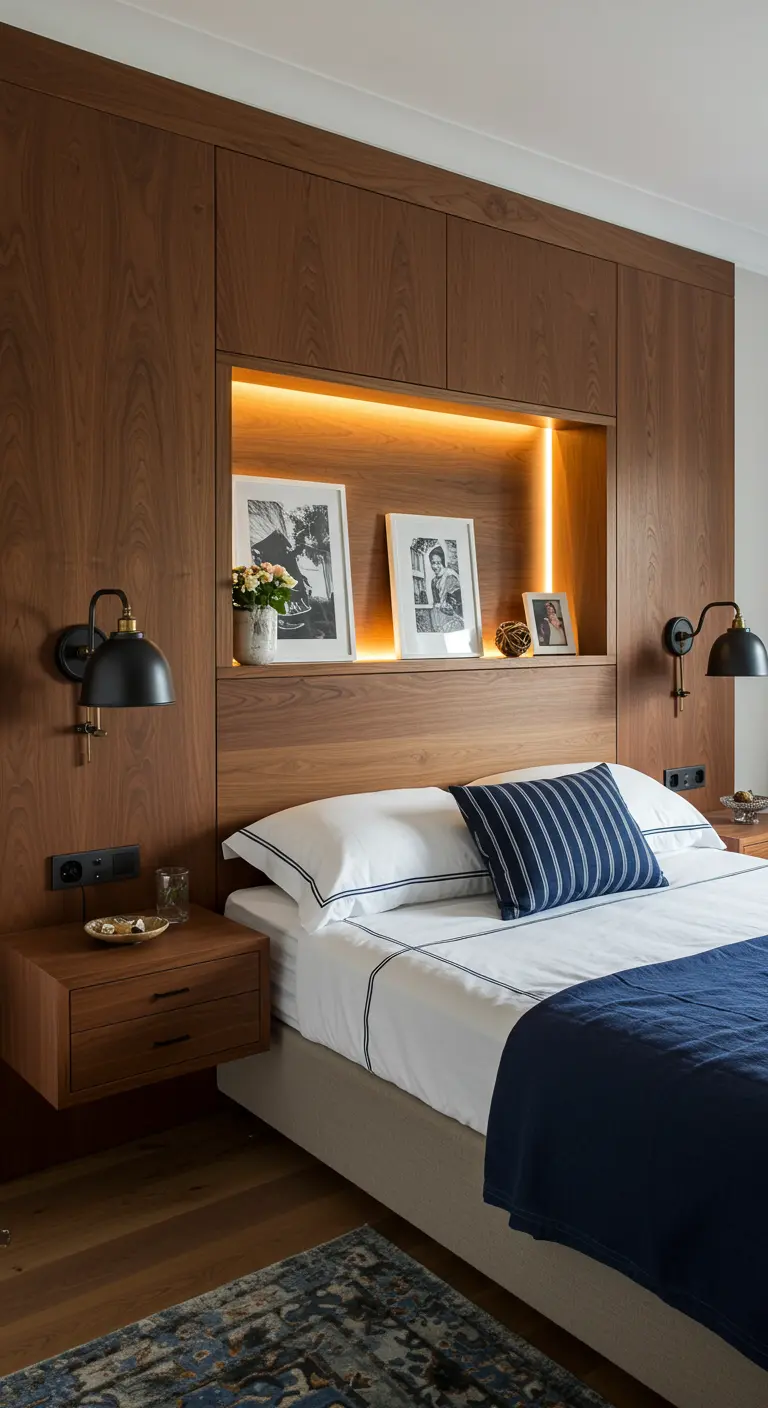 Une niche en bois avec éclairage LED intégrée dans un mur de placards sert de tête de lit.
