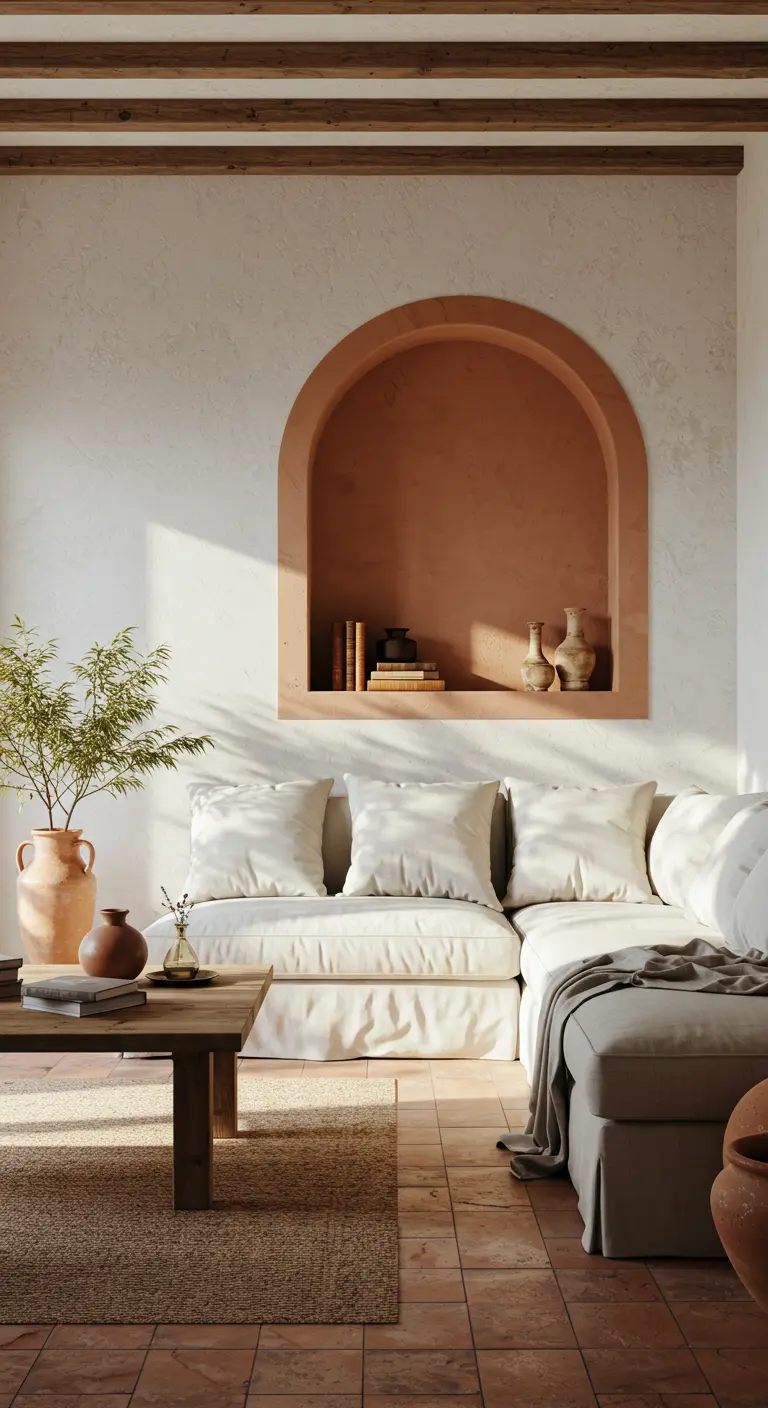 Niche murale en arche peinte en terracotta dans un salon de style méditerranéen.