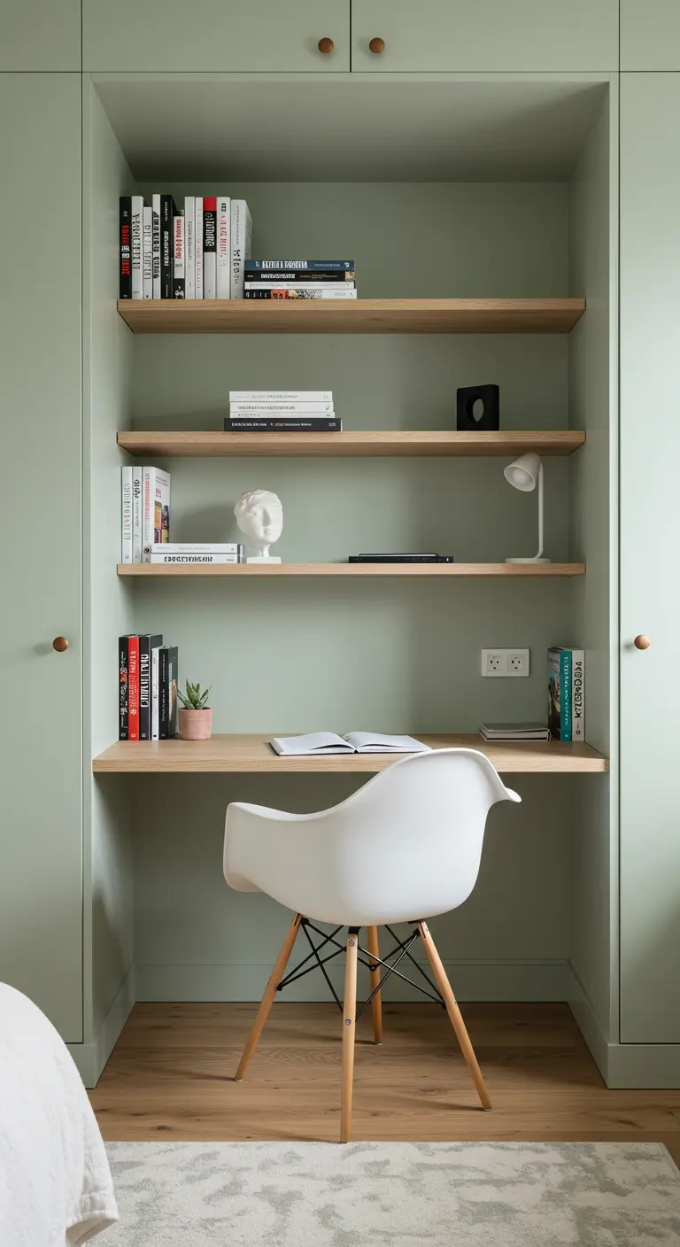 Bureau intégré dans une niche entre deux placards verts avec des étagères en bois.