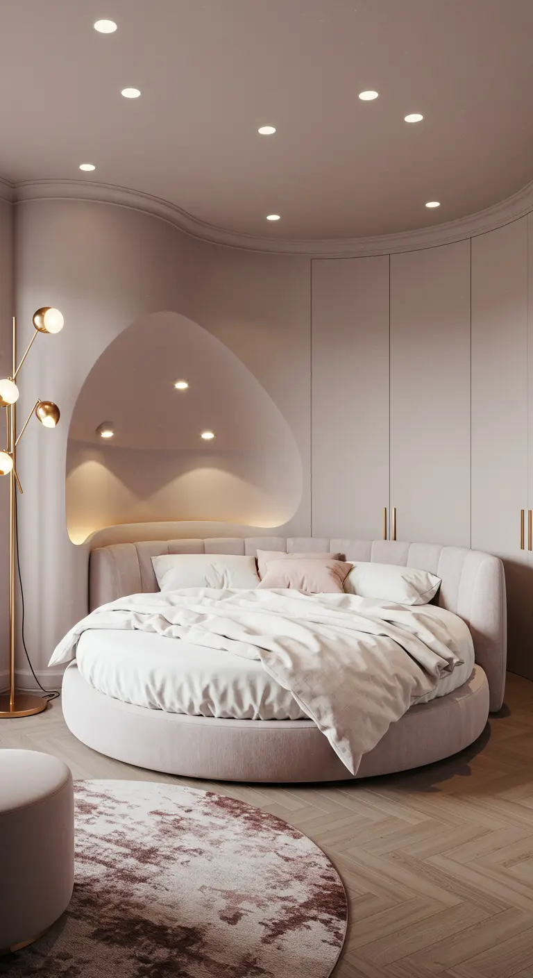 Chambre avec lit rond et niche de tête de lit incurvée et éclairée.