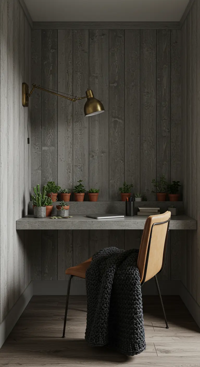 Bureau minimaliste dans une niche en bois gris avec une lampe en laiton.