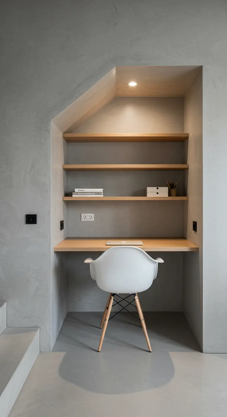 Petit bureau intégré dans une niche murale en béton avec des étagères en bois.