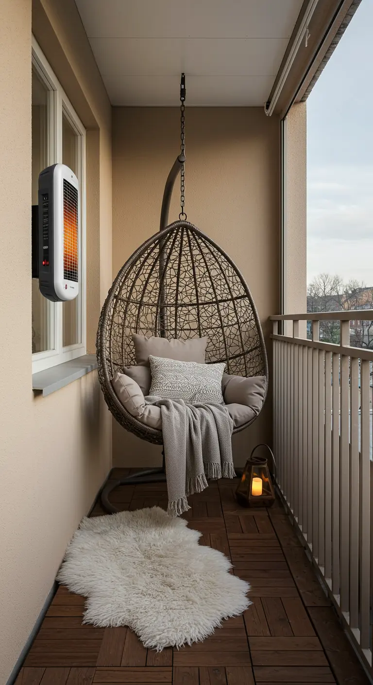 Balcon étroit avec fauteuil suspendu, chauffage mural et tapis en peau de mouton.