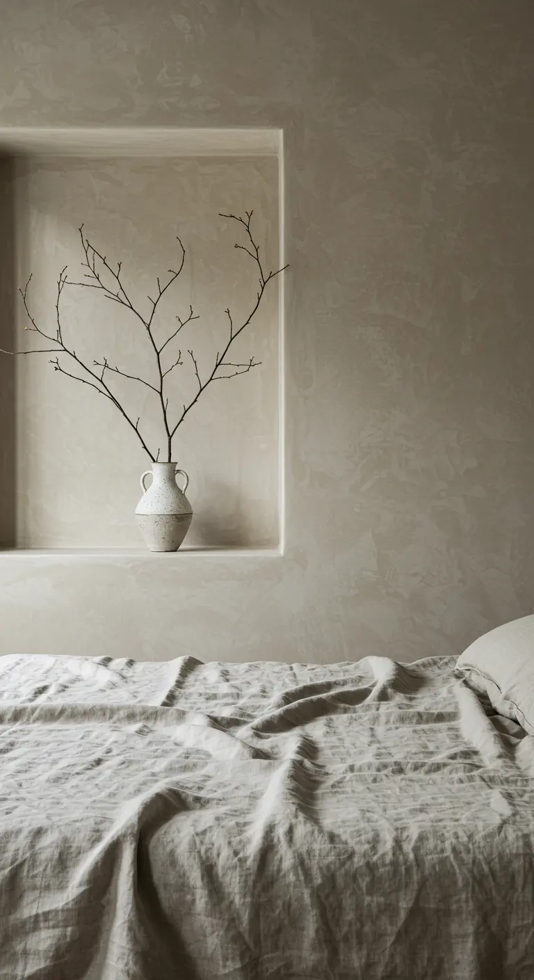 Niche murale enduite de couleur beige avec un vase contenant des branches nues.