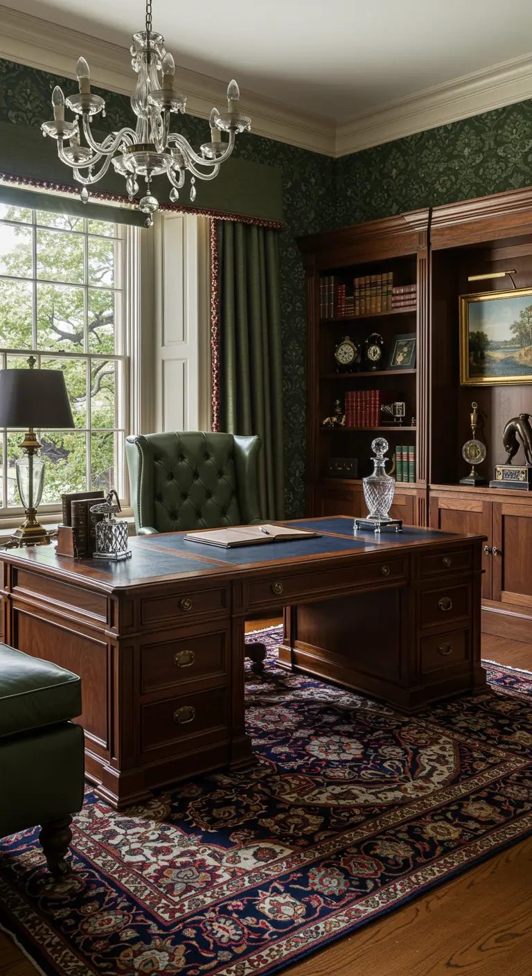 Bureau classique et opulent avec grand bureau en bois, fauteuil en cuir vert, lustre en cristal et murs tapissés.