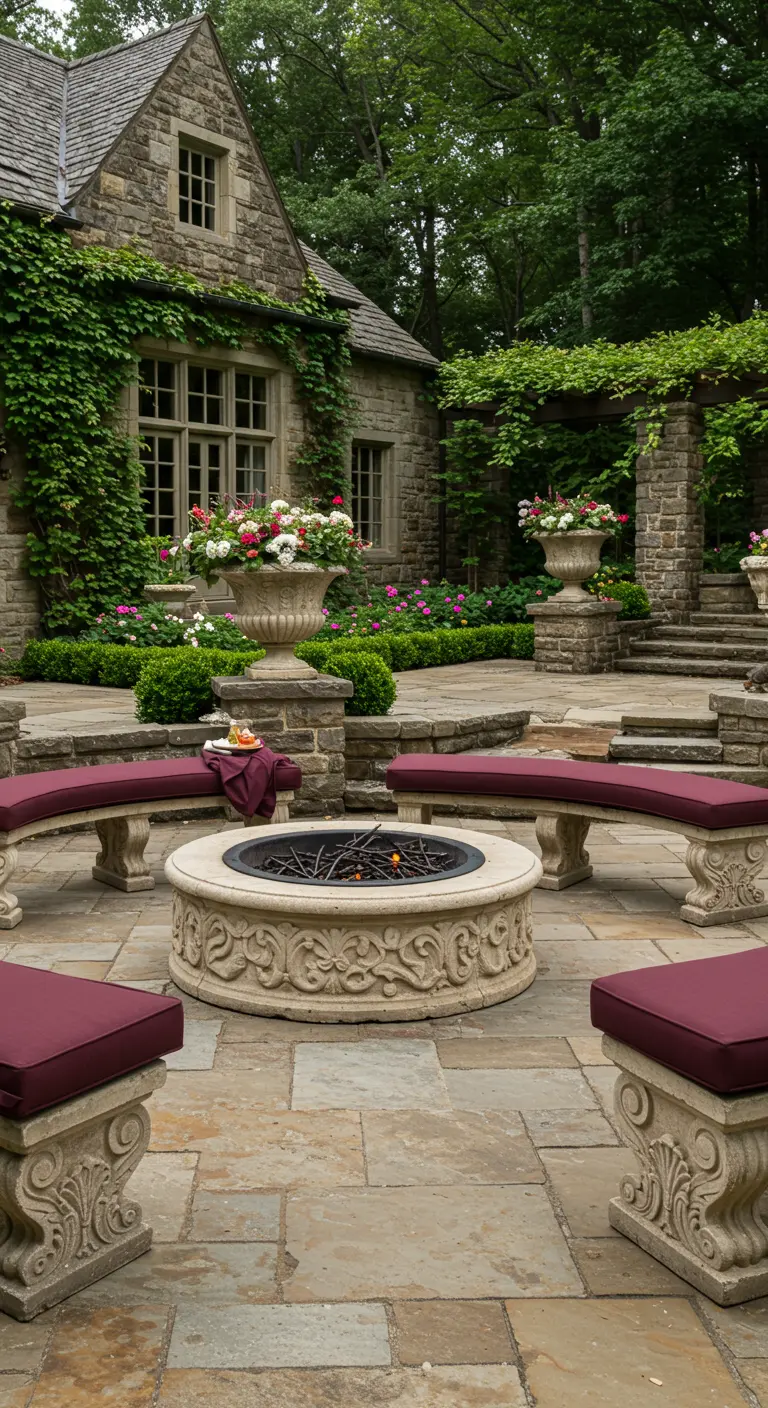 Jardin de manoir avec banquettes en pierre sculptée, coussins bordeaux, foyer orné, et des urnes fleuries.