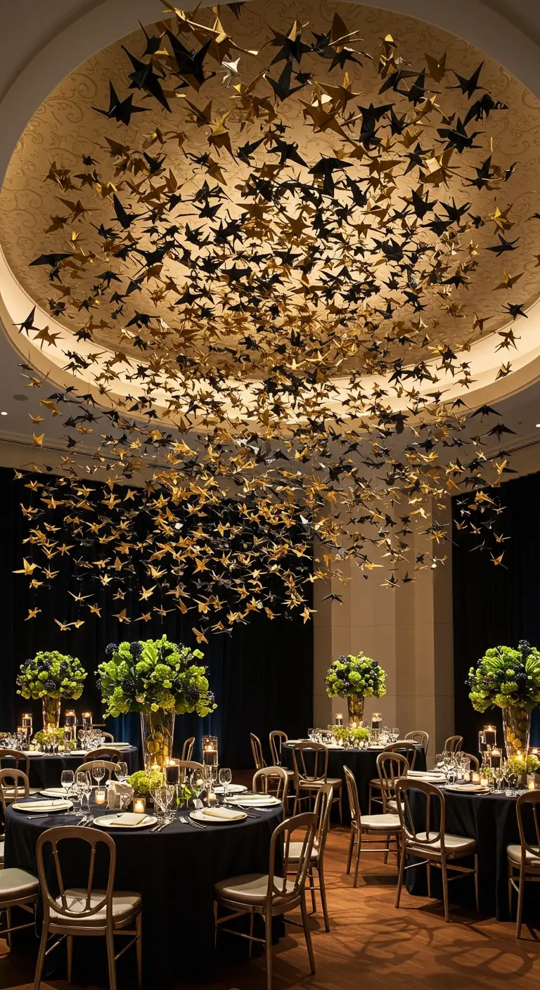 Installation au plafond composée de milliers d'oiseaux en origami noirs et dorés.