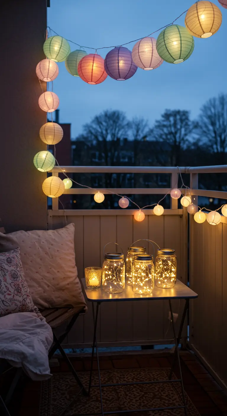 Balcon illuminé la nuit par des lampions colorés et des guirlandes dans des bocaux.