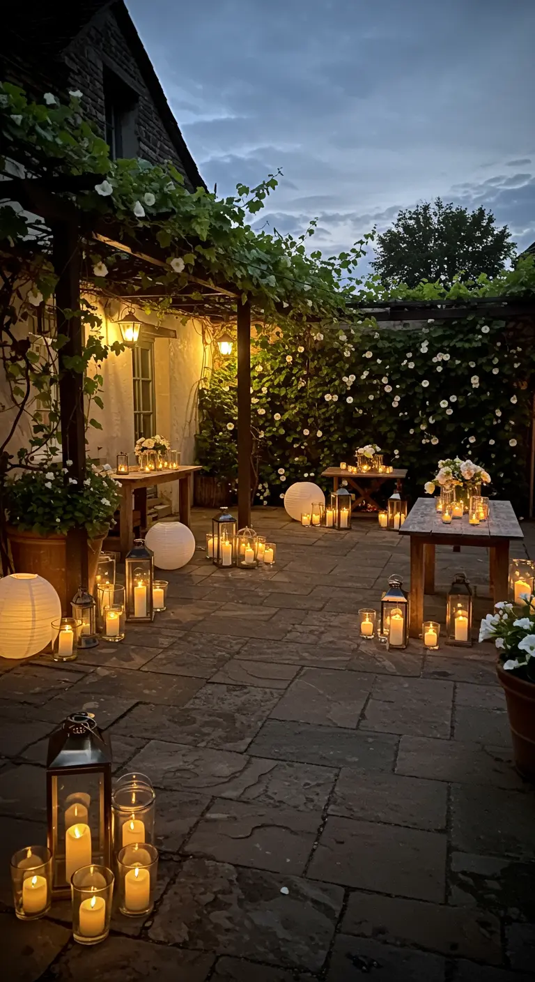 Terrasse en pierre illuminée par de nombreuses lanternes et bougies au crépuscule.