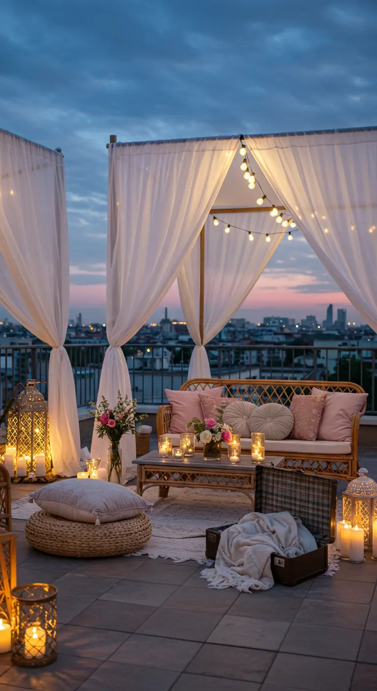 Terrasse de toit avec canapé en rotin, voilages, guirlandes lumineuses et valise.