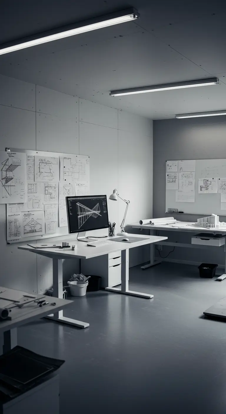 Atelier d'architecte minimaliste et monochrome avec de grands plans de travail.